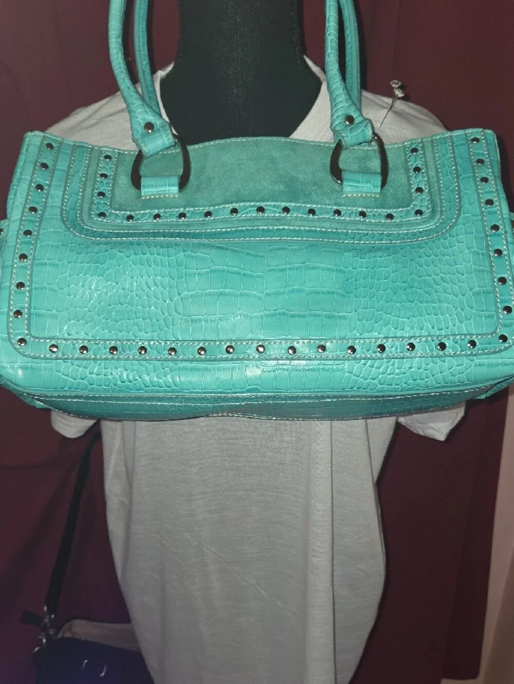 Nine West Teal Croc-Embossed Shoulder Bag with Stud Accents